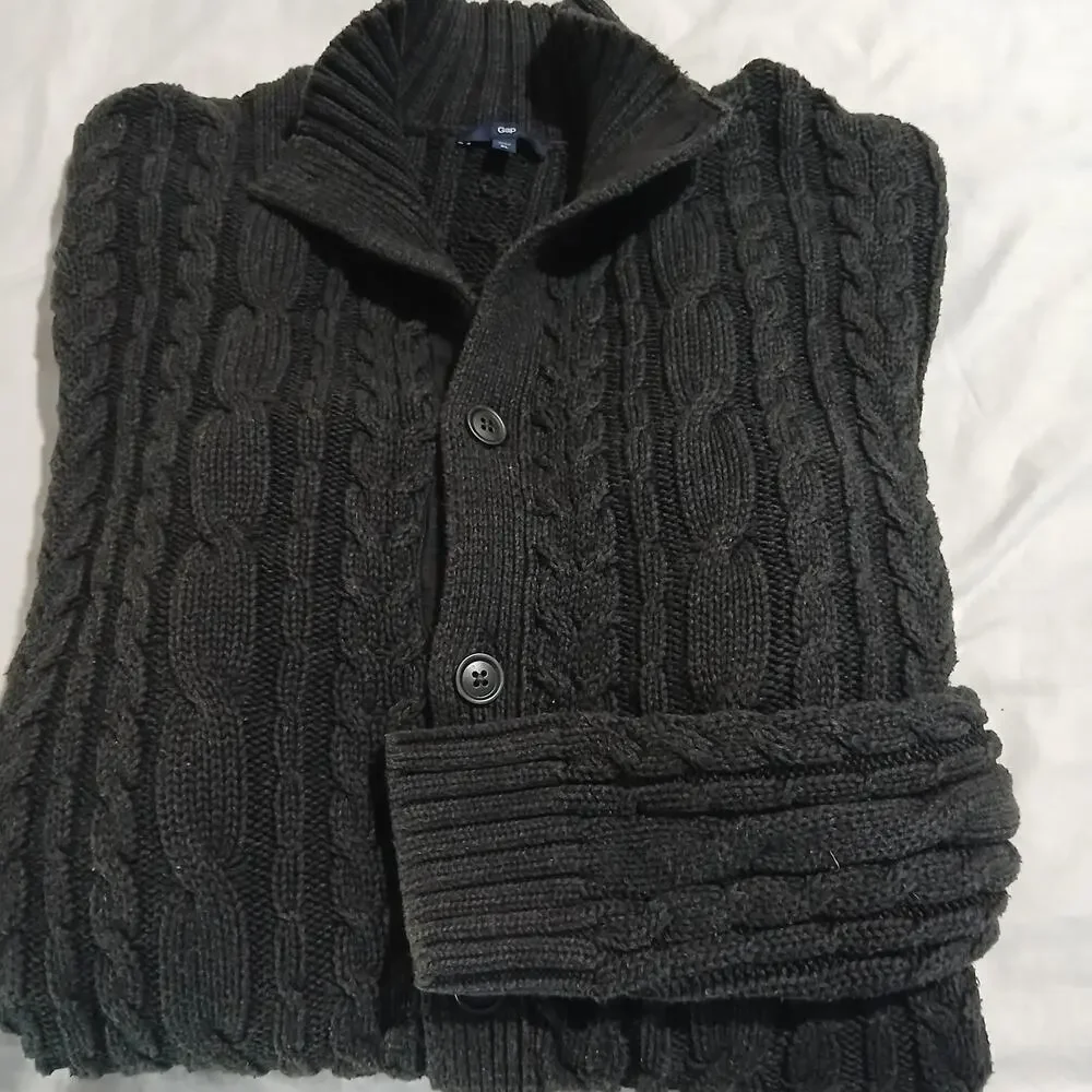 Gap XL Men's Cable-Knit Dark Grey Button-Up Cardigan 100% Cotton Striped-Sleeve